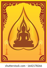 Beauty Buddha statue in frame with two candles and Bodhi leaf drawing in vector