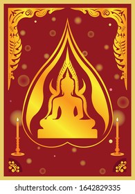 Beauty Buddha statue in frame with two candles and Bodhi leaf drawing in vector