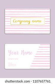 Beauty business card. Both front and back side, pastel pink color horizontal ink grunge stripe background collection. Stylish elegant business cards template. Vector.