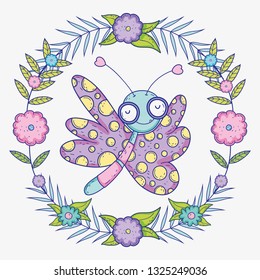 beauty butterfly with flowrs plants and branches leaves