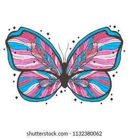 Beauty butterfly hand drawn illustration. Decorative vintage style. Vector doodle element. Print girl romantic.