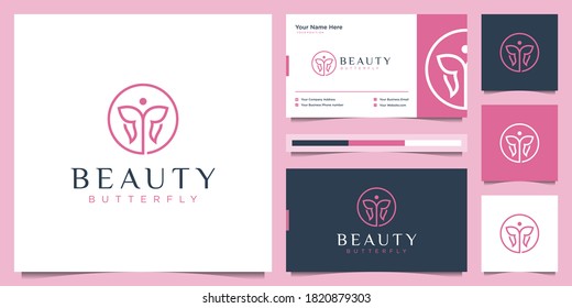 Beauty butterfly logo with line art style. feminine logo concept with infinity loop logo design and business card.