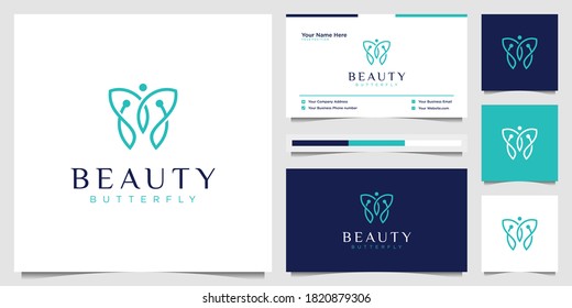Beauty butterfly logo with line art style. feminine logo concept with infinity loop logo design and business card.