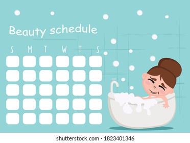 beauty calendar, woman taking chibi bath, relaxing