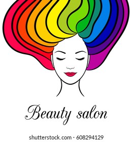 Beauty card with woman with closed eyes and rainbow hair