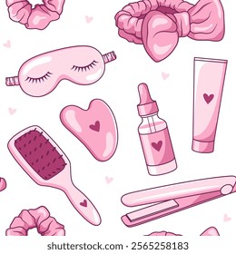 Beauty care accessories, objects seamless pattern, background. Simple cute cartoon illustations, drawings