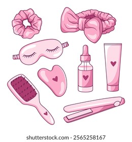 Beauty care accessories, objects. Set of simple cute cartoon illustations, drawings