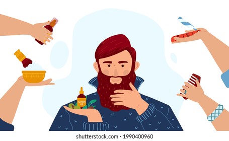 Beauty care for beard, vector illustration. Flat man character with facial hair, hands hold jojoba oil bottle, shaver, natural cream with brush.