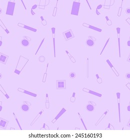 Beauty and care cosmetics lavender and pink white vector seamless pattern. March 8. Lilac make up beauty products pattern.