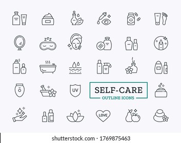 Beauty care and cosmetics thin line related icons. Vector symbols of skin protection, cream tubes, lotion, mirror, essential oil, serum