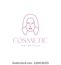 beauty care face female long hair skin cosmetic line minimalist logo design vector icon illustration