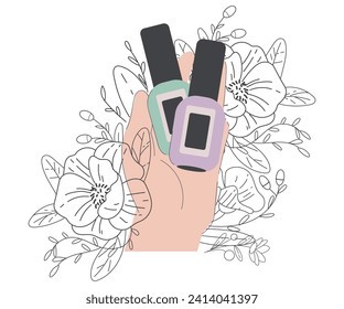 Beauty Care with Hand Hold Organic Cosmetic Nail Polish Product in Jar Vector Illustration