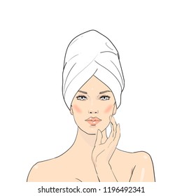 Beauty care illustration. Beautiful woman in towel touching her face after beauty mask on a white background. Skin care. Relaxation. Vector beautiful Spa girl enjoying face treatment. Vector Spa girl