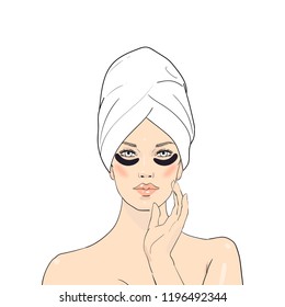 Beauty care illustration. Beautiful woman in towel touching her face after beauty mask on a white background. Skin Apply cosmetic patches under the eyes. Skincare. 