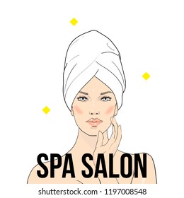 Beauty care illustration. Beautiful woman in towel touching her face after beauty mask on a white background. Skin care. Relaxation. Vector beautiful Spa girl enjoying face treatment. Vector Spa girl