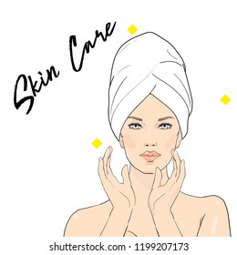 Beauty care illustration . Beautiful woman in towel touching her face after beauty mask . Skin care . Relaxation. Vector beautiful Spa girl enjoying face treatment. Vector Spa girl . Spa day