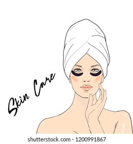 Beauty care illustration . Beautiful woman in towel touching her face after beauty mask . Skin care . Relaxation. Vector beautiful Spa girl enjoying face treatment. Vector Spa girl . Spa day