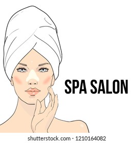 Beauty care illustration . Beautiful woman in towel touching her face after beauty mask . Skin care . Relaxation. Vector beautiful Spa girl enjoying face treatment. Vector Spa girl . Spa day