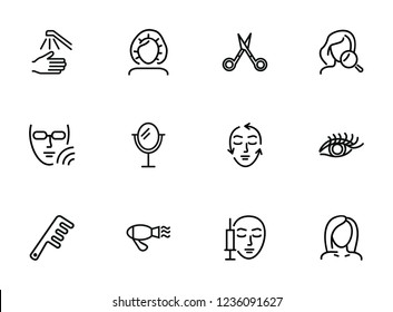 Beauty care line icon set. Hair dryer, solarium, barber scissors. Beautician concept. Can be used for topics like beauty salon, cosmetology, aesthetic dermatology