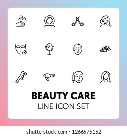 Beauty care line icon set. Hair dryer, solarium, barber scissors. Beautician concept. Can be used for topics like beauty salon, cosmetology, aesthetic dermatology