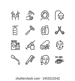Beauty care line icon set. Shower, shampoo, injection, mascara. Beauty concept. Can be used for topics like makeup, beauty salon, spa