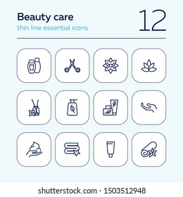 Beauty care line icon set. Shampoo, scissors, towel, flower. Beauty concept. Can be used for topics like cosmetics, spa salon, skin care