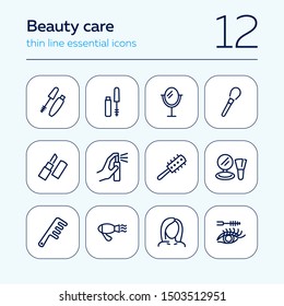 Beauty care line icon set. Mascara, brush, lipstick. Beauty concept. Can be used for topics like beauty salon, hair style, makeup