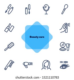 Beauty care line icon set. Mascara, brush, lipstick. Beauty concept. Can be used for topics like beauty salon, hair style, makeup