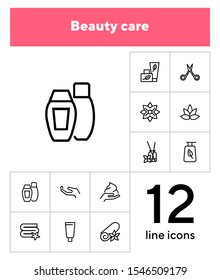 Beauty care line icon set. Shampoo, scissors, towel, flower. Beauty concept. Can be used for topics like cosmetics, spa salon, skin care