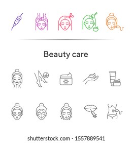 Beauty care line icon set. Woman, cream, hairdressing. Beautician concept. Can be used for topics like beauty salon, self care, rejuvenation