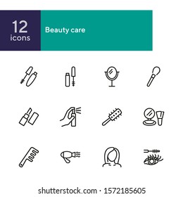 Beauty care line icon set. Mascara, brush, lipstick. Beauty concept. Can be used for topics like beauty salon, hair style, makeup