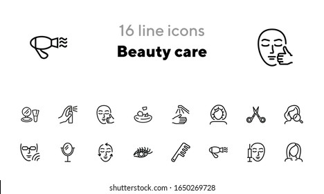 Beauty care line icon set. Hair dryer, solarium, barber scissors. Beautician concept. Can be used for topics like beauty salon, cosmetology, aesthetic dermatology