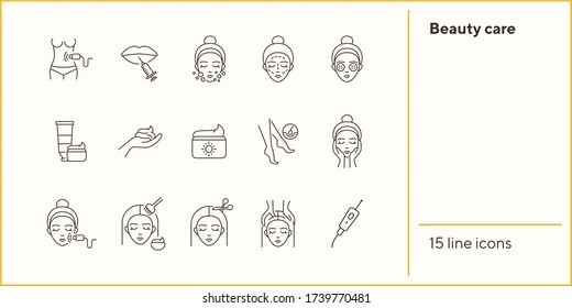 Beauty Care Line Icon Set. Woman, Cream, Hairdressing. Beautician Concept. Can Be Used For Topics Like Beauty Salon, Self Care, Rejuvenation