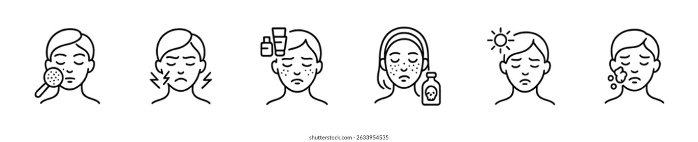 Conjunto de iconos lineales de cuidado de belleza - cuidado de la piel, bienestar, tratamiento, símbolos faciales