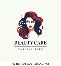 Beauty care logo with nice read hair beautiful lady woman girl vector template