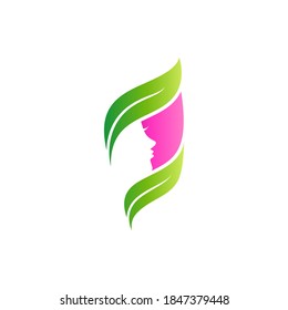 Beauty care logo template with leaf, letter E and woman silhouette concept