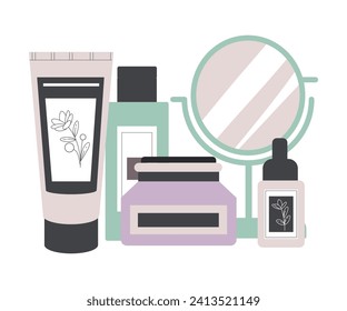 Beauty Care with Lotion or Cream Bottle and Jars Vector Illustration