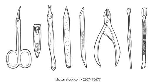 Beauty and care manicure and pedicure tools and products set. Hand drawing doodle sketch illustration vector. Scissors, cuticle nipper, nail files, nail polish, nail clippers, varnish, pushers