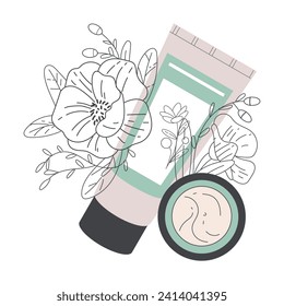 Beauty Care with Organic Cosmetic Product in Tube Vector Illustration