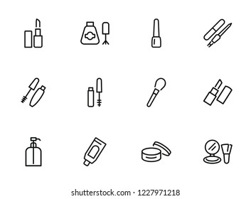 Beauty care products line icon set. Lipstick, nail polish, cream, mascara. Cosmetology concept. Can be used for topics like makeup, beautician, cosmetics