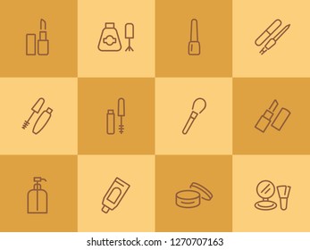 Beauty care products line icon set. Lipstick, nail polish, cream, mascara. Cosmetology concept. Can be used for topics like makeup, beautician, cosmetics