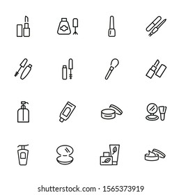 Beauty care products line icon set. Lipstick, nail polish, cream, mascara. Cosmetology concept. Can be used for topics like makeup, beautician, cosmetics