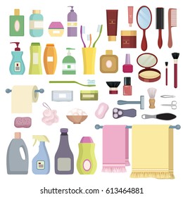 Beauty care related object set. Hygiene symbols. Bath supplies, shower, tooth care, brushes, towel and razors.