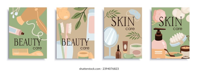 Beauty care salon cover brochure set in flat design. Poster templates with cosmetic products, creams, tubes, lotions and bottles massage brush for body treatment and therapy. Vector illustration.