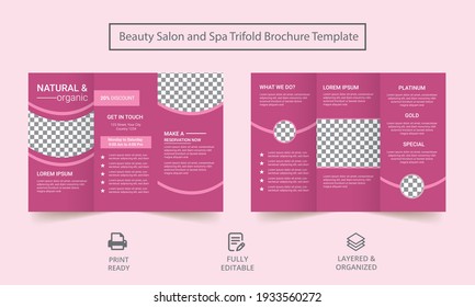 Beauty Care And Salon Tri-Fold Mock Up And Brochure Design Template. Spa Women Trifold Brochure Layout.