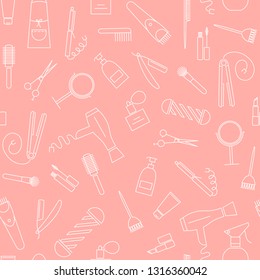 Beauty and care seamless pattern. Barber shop, beauty salon and hairdresser minimal linear icons on pastel coral background 