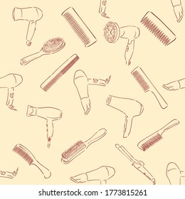 Beauty and care seamless pattern. Barber shop linear icons on white background, seamless pattern with combs