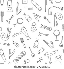 Beauty and care seamless pattern. Barber shop linear icons on white background