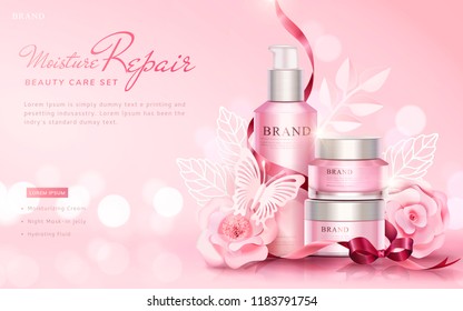 Beauty care set ads with paper art flowers and butterflies on selective focus pink background, 3d illustration