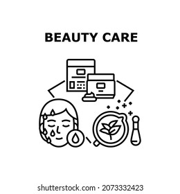 Beauty Care Vector Icon Concept. Beauty Care Cosmetic Production, Preparing And Container Package. Client Enjoying Skincare Therapy In Spa Salon. Moisturizing Cream Black Illustration